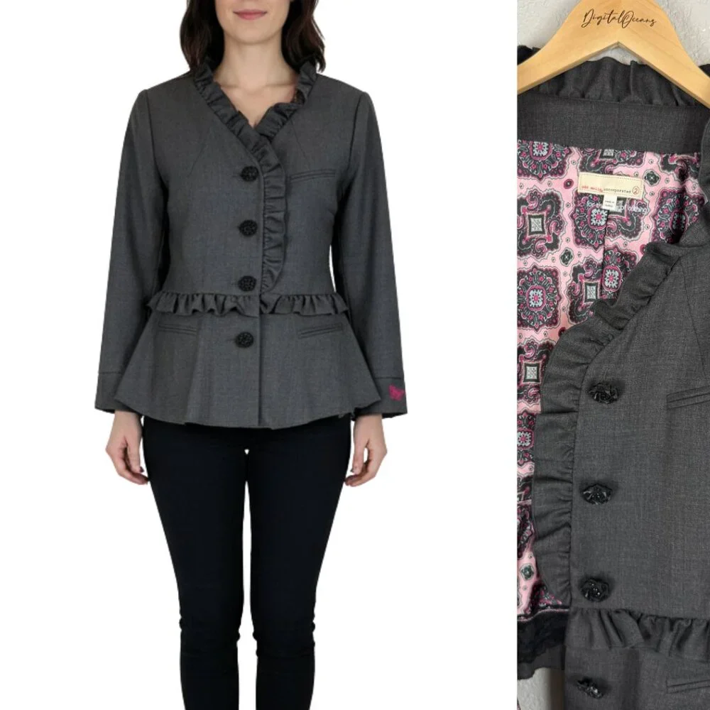 Odd Molly (Anthropologie) Ruffled Blazer M Whimsical Coquette Feminine Lace Gray